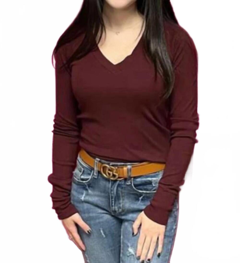 NEW CROWN JEWEL long sleeve raglan v neck top in merlot